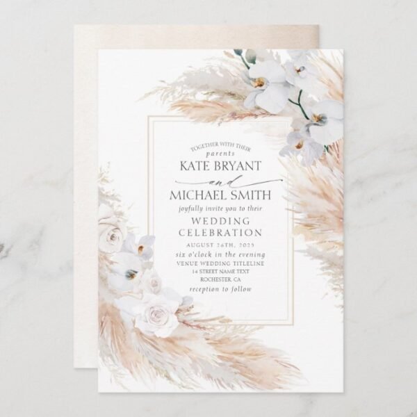 White Orchids Roses and Pampas Grass Wedding Invitation