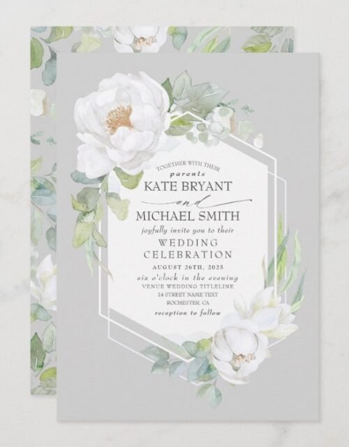 White Peony and Greenery Geometric Frame Wedding Invitation