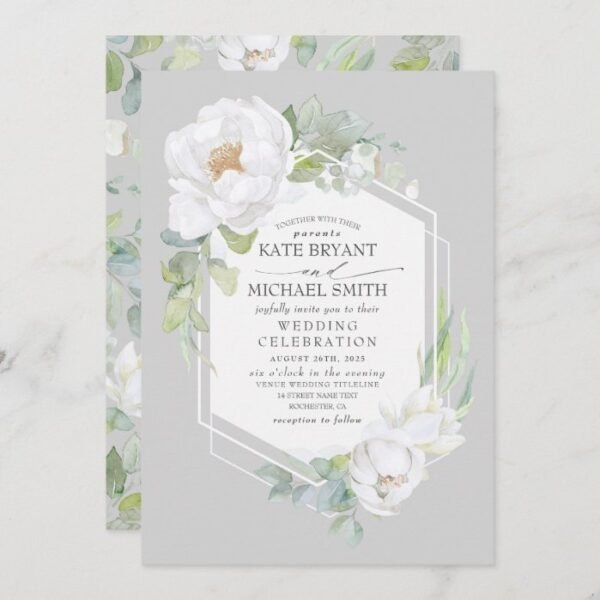 White Peony and Greenery Geometric Frame Wedding Invitation