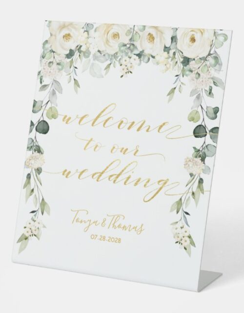 White Peony Floral Gold Fancy Calligraphy Welcome Pedestal Sign