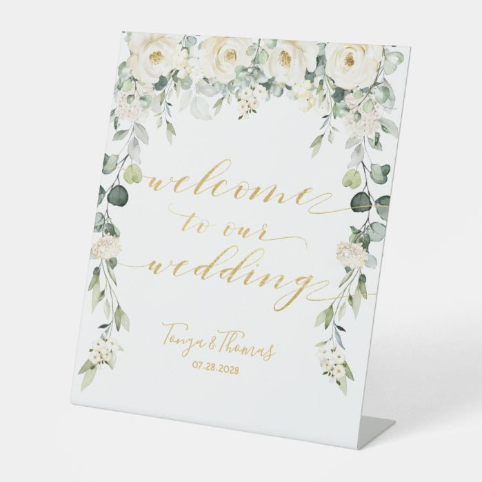 White Peony Floral Gold Fancy Calligraphy Welcome Pedestal Sign
