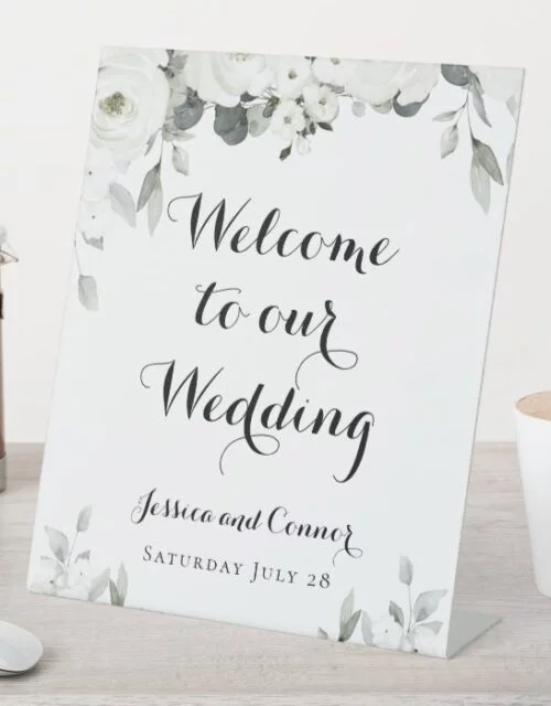 White Peony Greenery Wedding Custom Welcome Sign