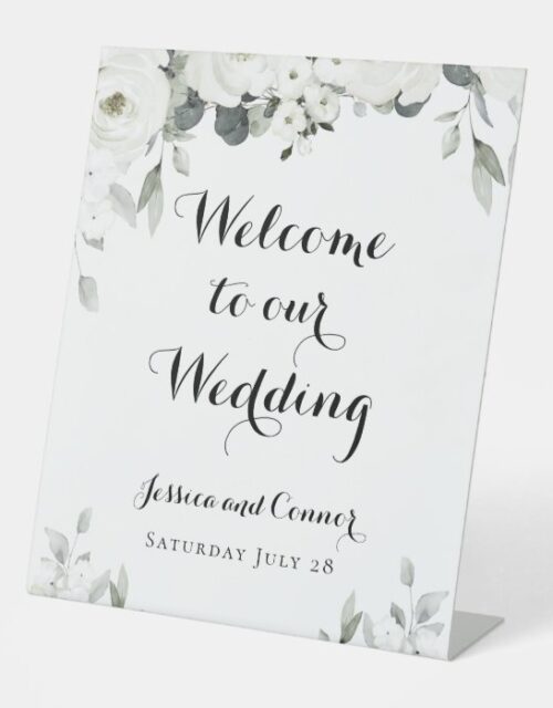 White Peony Greenery Wedding Custom Welcome Sign
