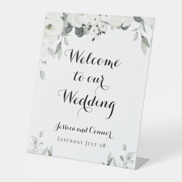 White Peony Greenery Wedding Custom Welcome Sign