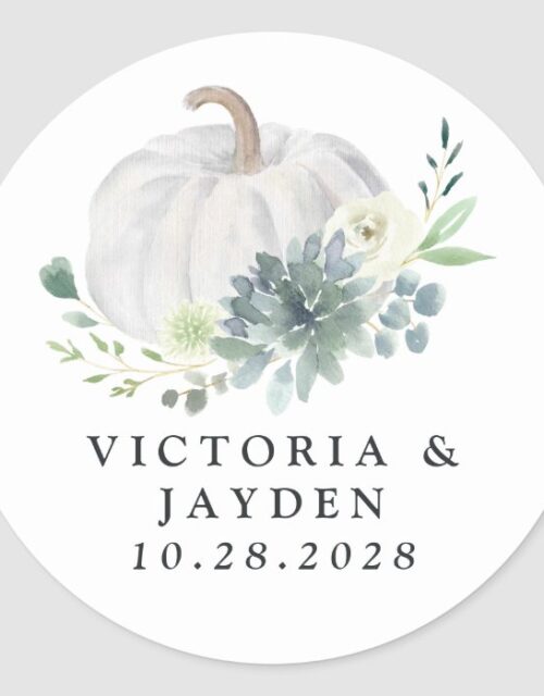 White Pumpkin Elegant Succulent Fall Chic Wedding Classic Round Sticker