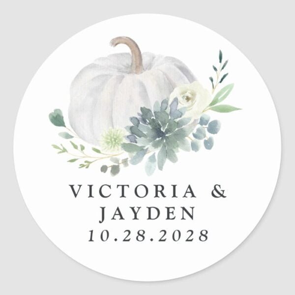 White Pumpkin Elegant Succulent Fall Chic Wedding Classic Round Sticker