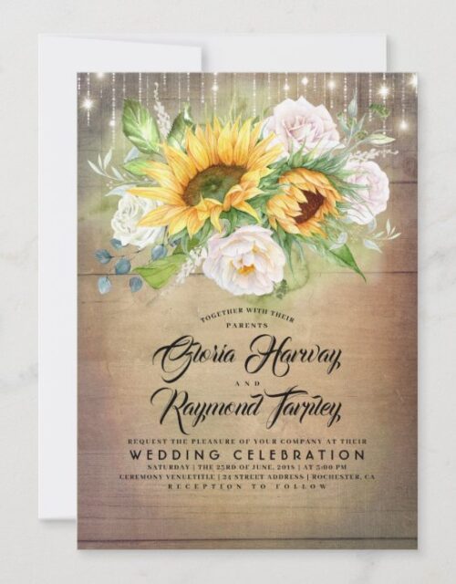 White Rose and Sunflower Rustic Fall Wedding Invitation