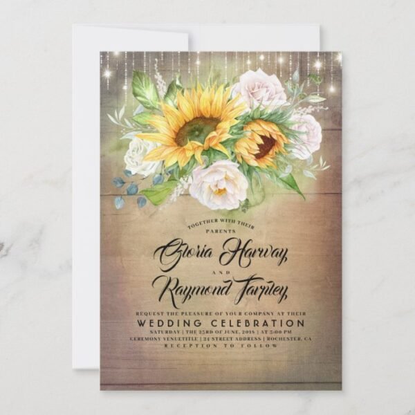 White Rose and Sunflower Rustic Fall Wedding Invitation