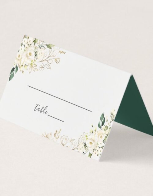 White Rose Floral Gold Leaves Wedding Table Place Card