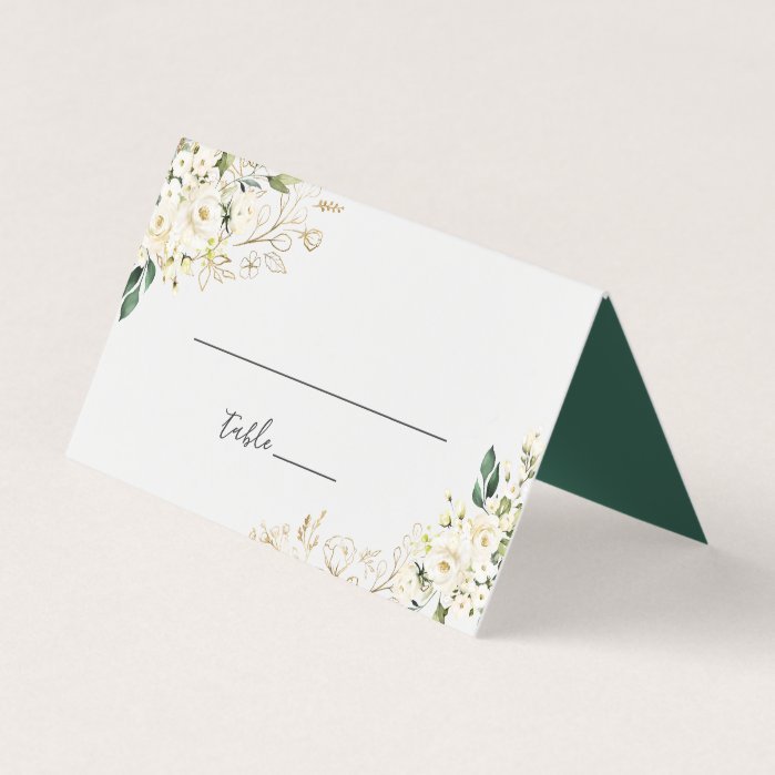 White Rose Floral Gold Leaves Wedding Table Place Card