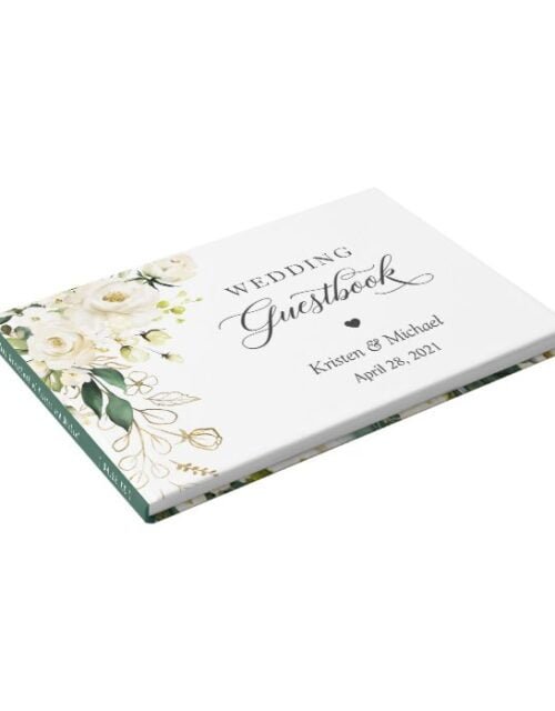 White Rose Greenery Gold Floral Wedding Guest Book