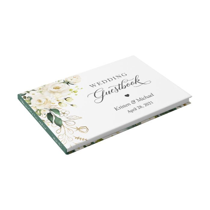 White Rose Greenery Gold Floral Wedding Guest Book