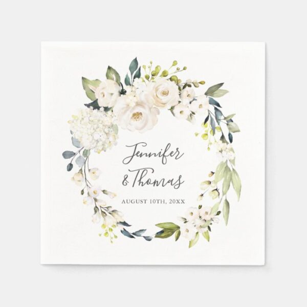 White Watercolor Floral Wreath Wedding Napkins