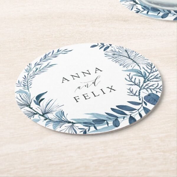 Wild Azure Personalized Wedding Round Paper Coaster