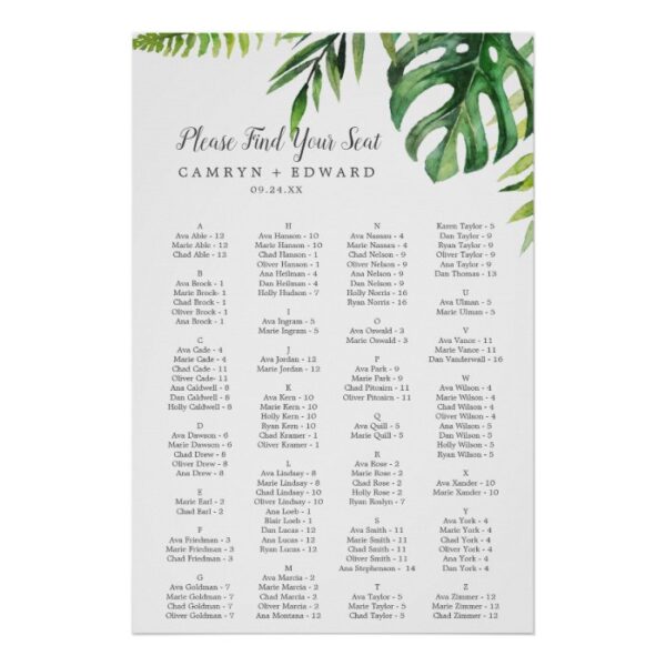 Wild Tropical Palm Alphabetical Seating Chart