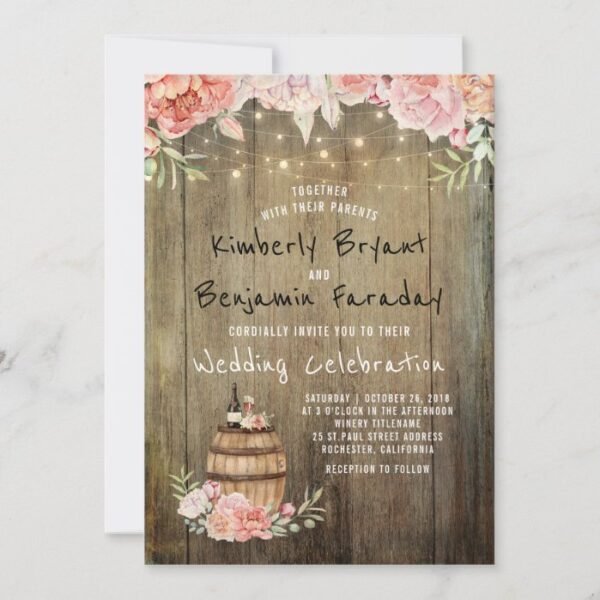 Wine Barrel Boho Rustic Barn String Lights Wedding Invitation