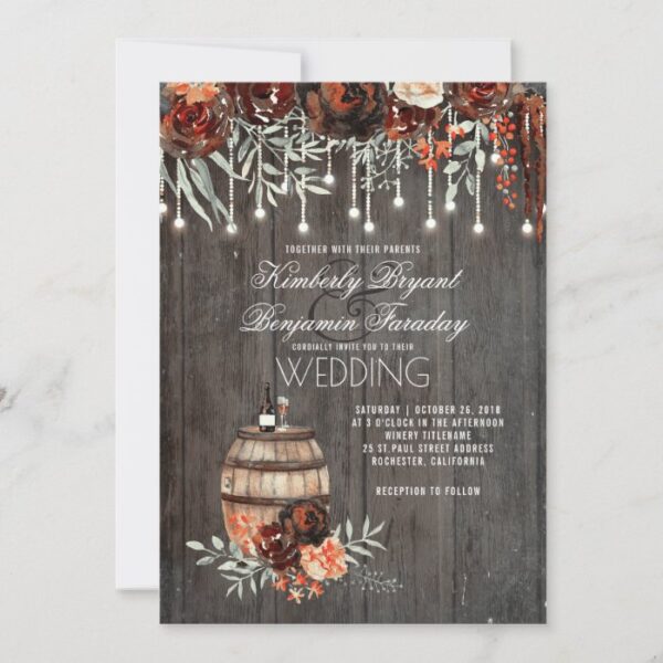 Wine Barrel Rustic String Lights Burgundy Wedding Invitation
