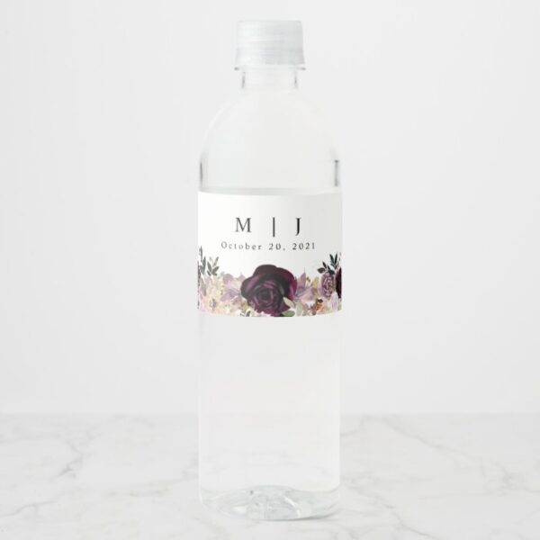 Wine Plum Mauve Fall Floral Wedding Water Bottle Label