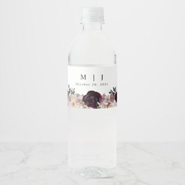 Wine Plum Mauve Fall Floral Wedding Water Bottle Label