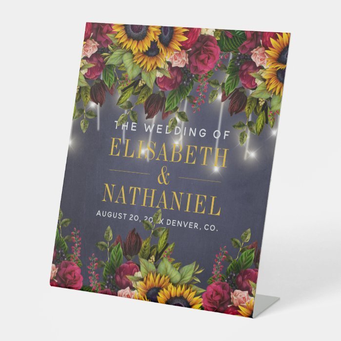 Winter rustic floral wedding couple names welcome pedestal sign