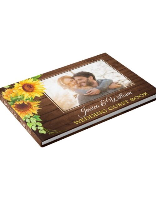 Wood Sunflower Watercolor Rustic PHOTO Wedding Guest Book