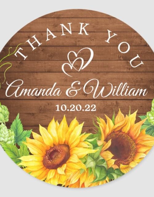 Wood Sunflowers Hop  Rustic Wedding Thank You Classic Round Sticker