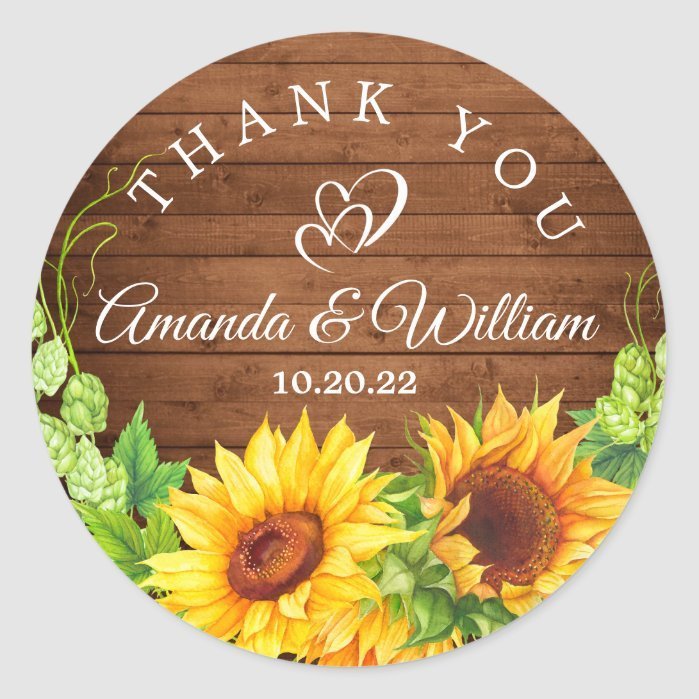 Wood Sunflowers Hop  Rustic Wedding Thank You Classic Round Sticker