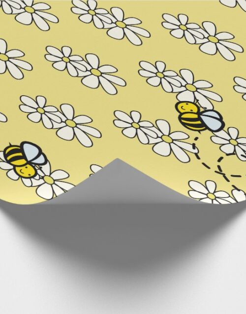 Yellow Honey Bee & White Daisy Pattern Wrapping Paper